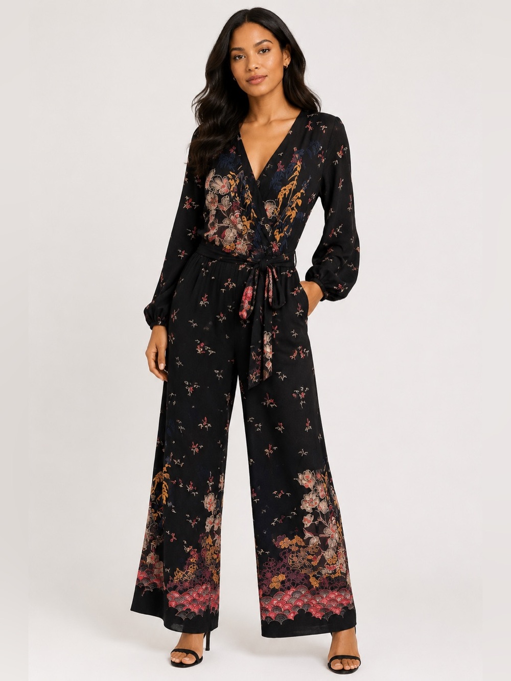 Anthropologie Black Floral
Wrap Jumpsuit with Japanese inspired floral print